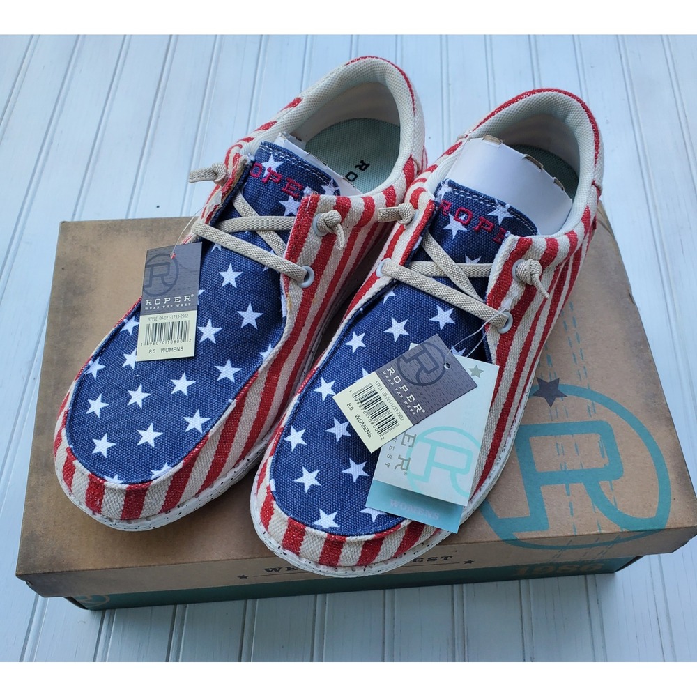 Roper Sidewinder Americana Stars and Stripes Canvas Moccasins Womens 8.5 USA